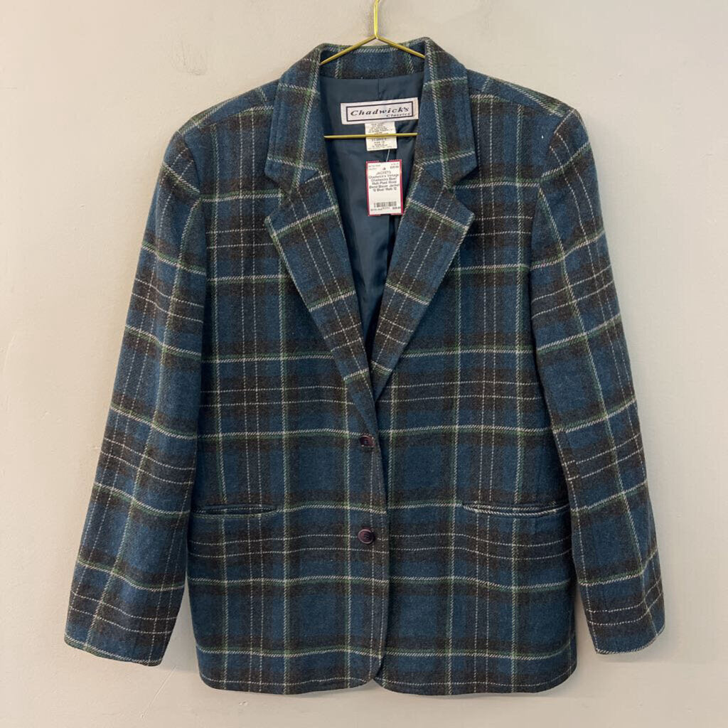 Vintage Chadwicks Blue/ Multi Plaid Wool Blend Blazer Jacket 12