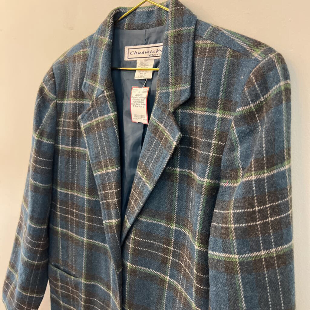 Vintage Chadwicks Blue/ Multi Plaid Wool Blend Blazer Jacket 12