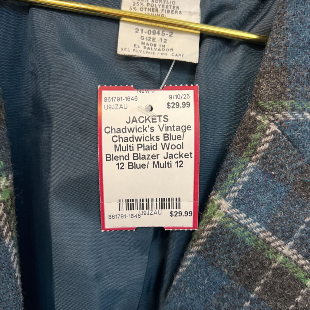 Vintage Chadwicks Blue/ Multi Plaid Wool Blend Blazer Jacket 12