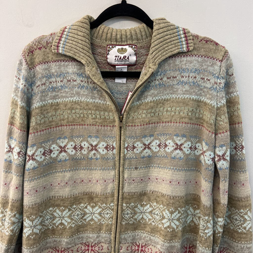Vintage Tiara International Beige/ Multi Knit Zip Up Sweater Small
