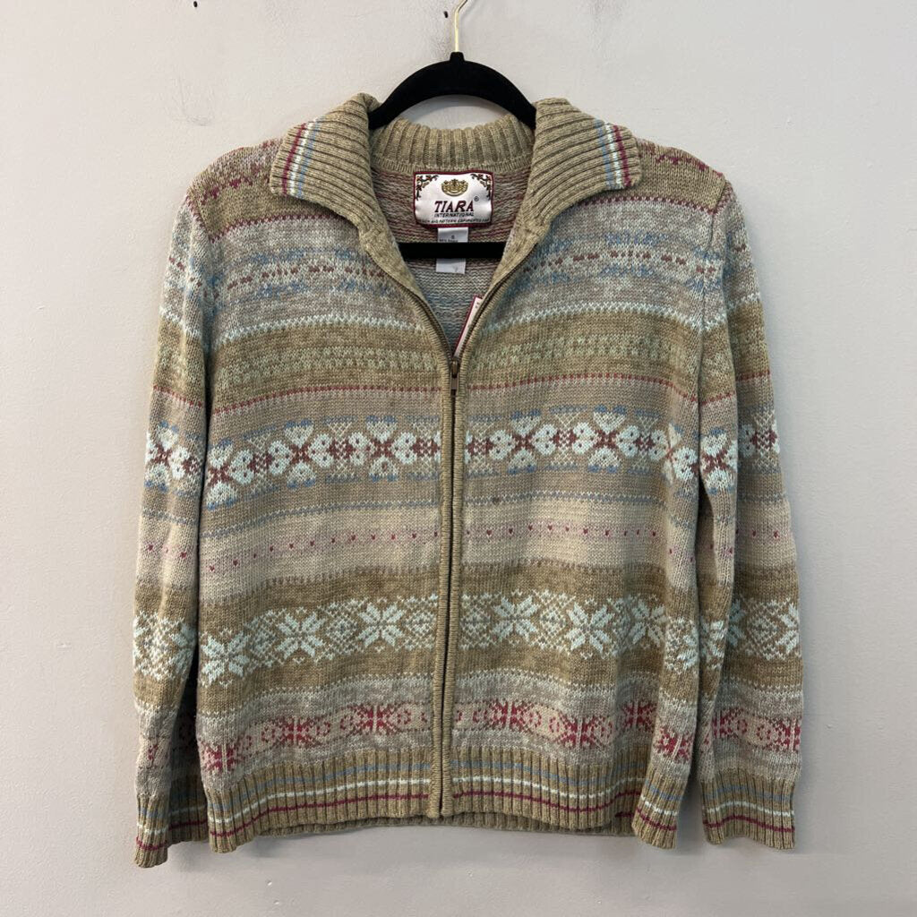 Vintage Tiara International Beige/ Multi Knit Zip Up Sweater Small