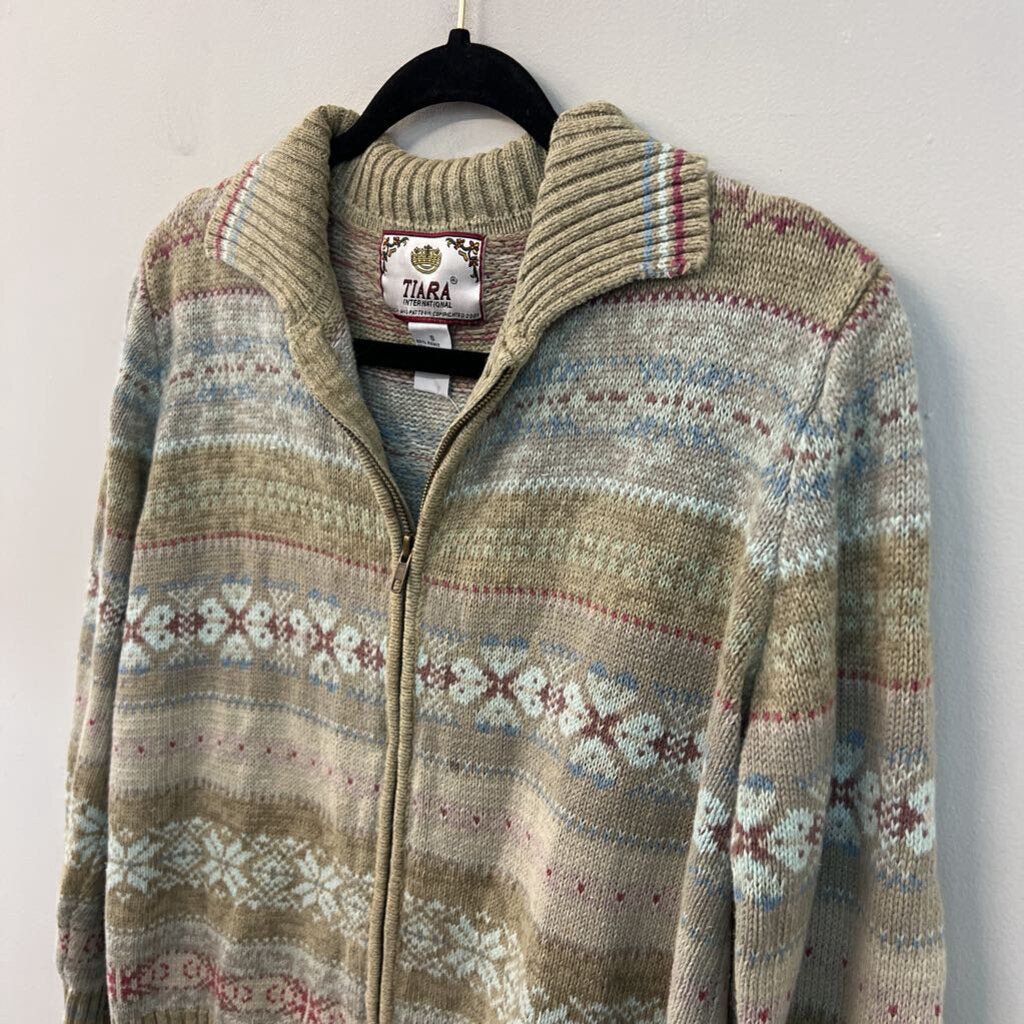 Vintage Tiara International Beige/ Multi Knit Zip Up Sweater Small