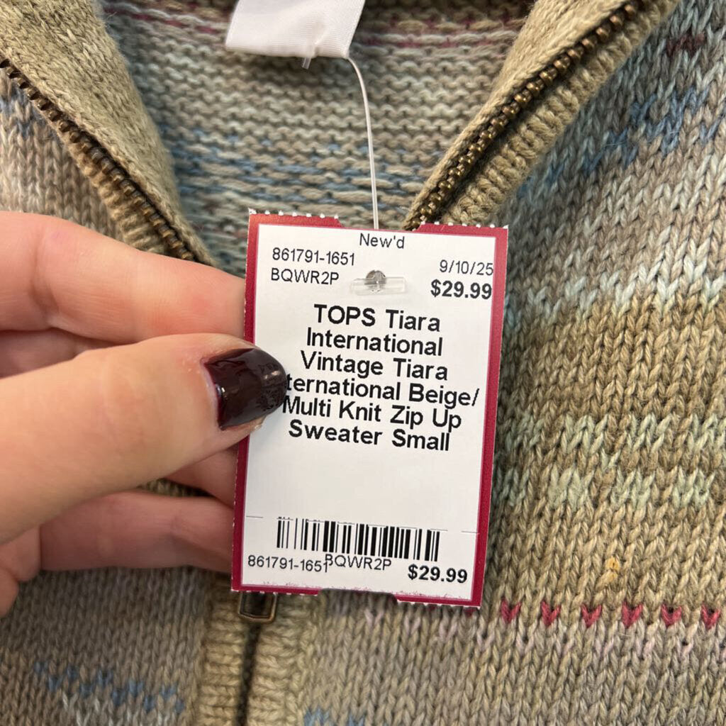 Vintage Tiara International Beige/ Multi Knit Zip Up Sweater Small