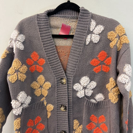 Grey/ Multi Flower Print Knit Cardigan Sweater Medium