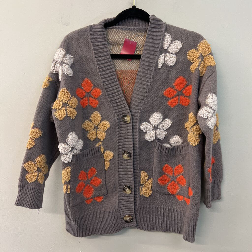 Grey/ Multi Flower Print Knit Cardigan Sweater Medium