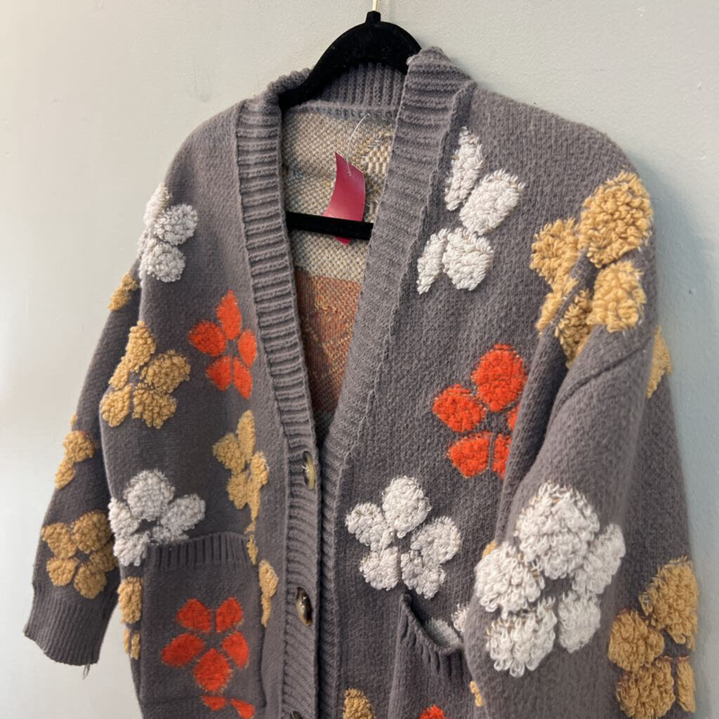 Grey/ Multi Flower Print Knit Cardigan Sweater Medium