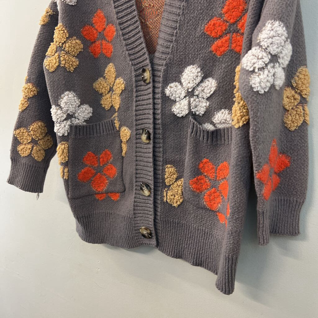 Grey/ Multi Flower Print Knit Cardigan Sweater Medium