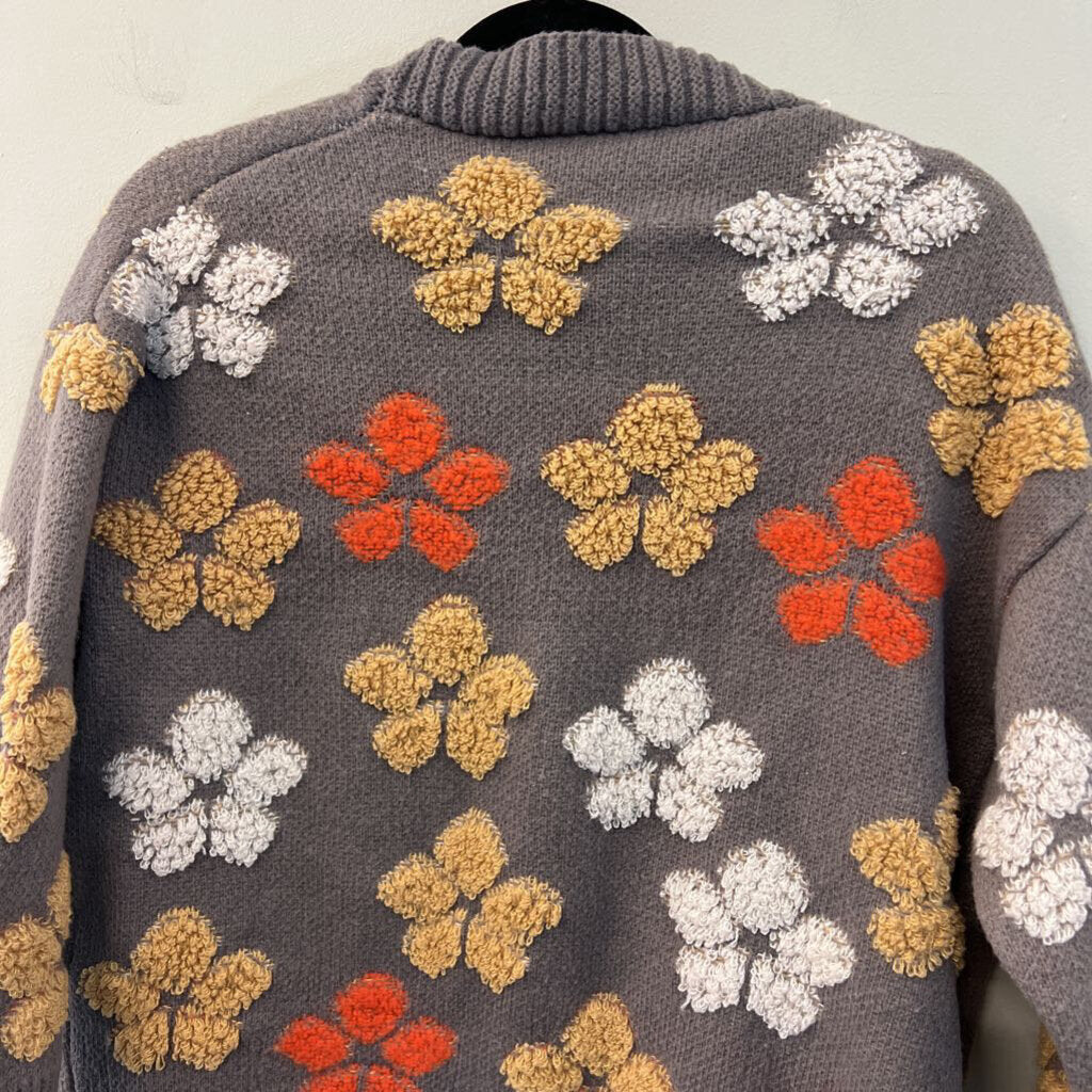 Grey/ Multi Flower Print Knit Cardigan Sweater Medium