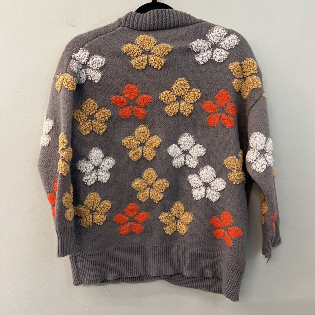 Grey/ Multi Flower Print Knit Cardigan Sweater Medium