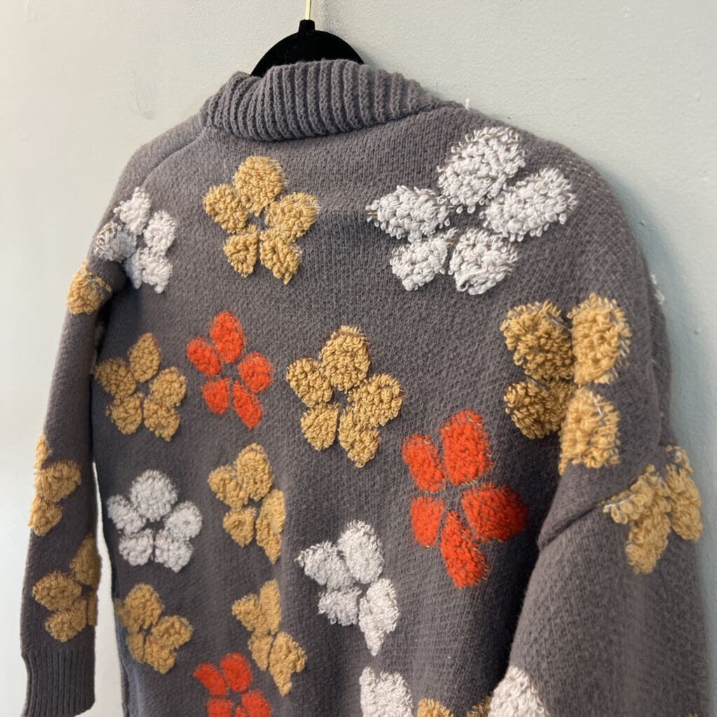 Grey/ Multi Flower Print Knit Cardigan Sweater Medium