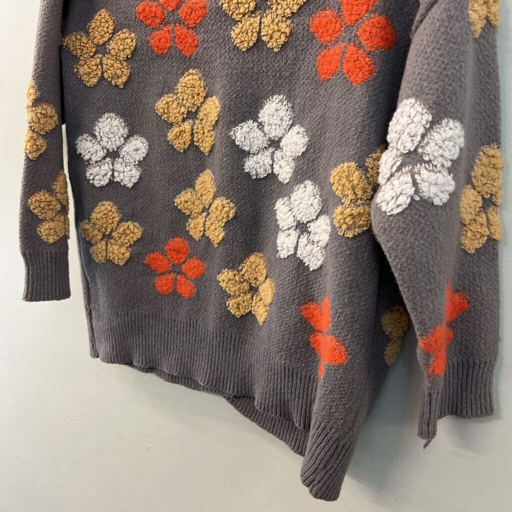 Grey/ Multi Flower Print Knit Cardigan Sweater Medium