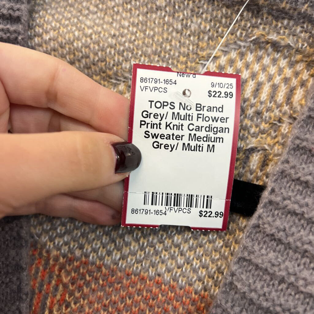 Grey/ Multi Flower Print Knit Cardigan Sweater Medium