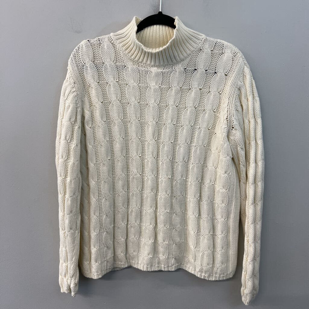 LL Bean Cream Cable Knit Mock Neck Sweater Large