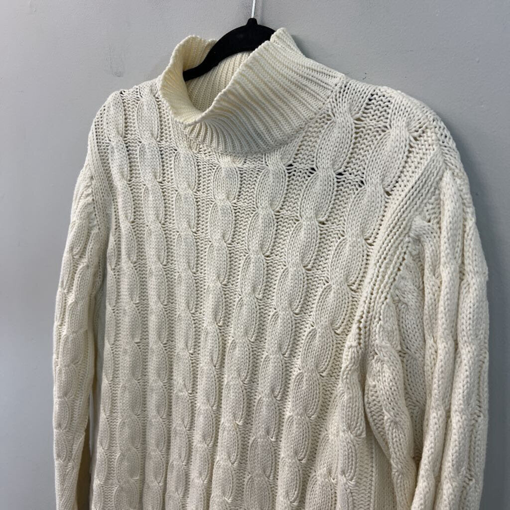 LL Bean Cream Cable Knit Mock Neck Sweater Large