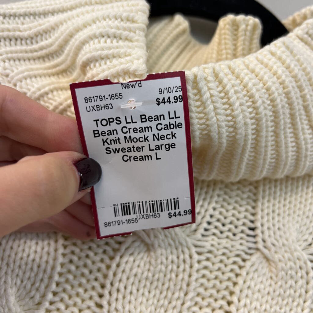 LL Bean Cream Cable Knit Mock Neck Sweater Large