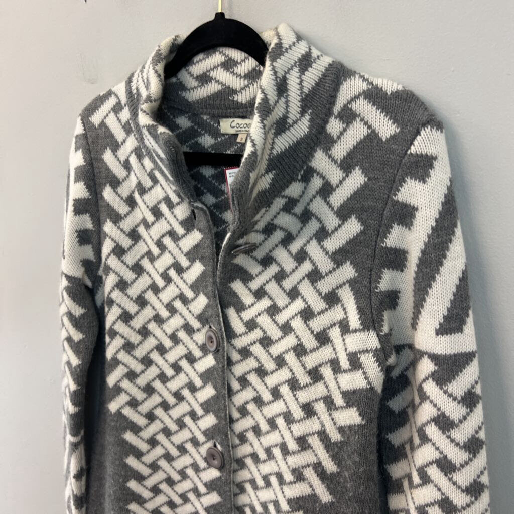Cocogio Grey/ White Print Knit Long Cardigan Sweater Small