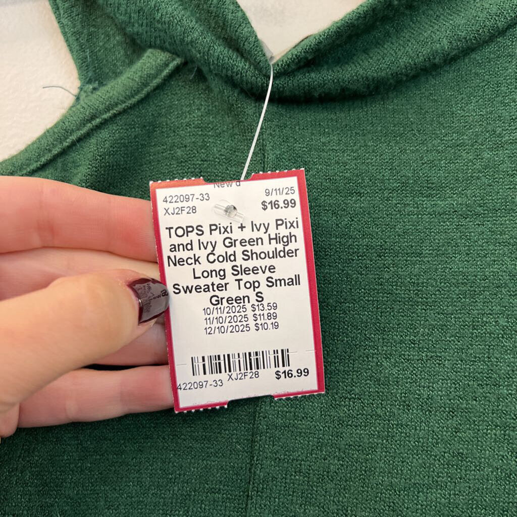 Pixi and Ivy Green High Neck Cold Shoulder Long Sleeve Sweater Top Small