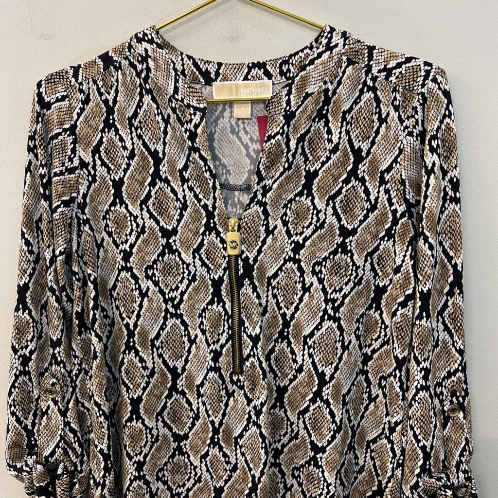 Michael Kors Black/ Brown Snakeskin Print Long Sleeve Top Small