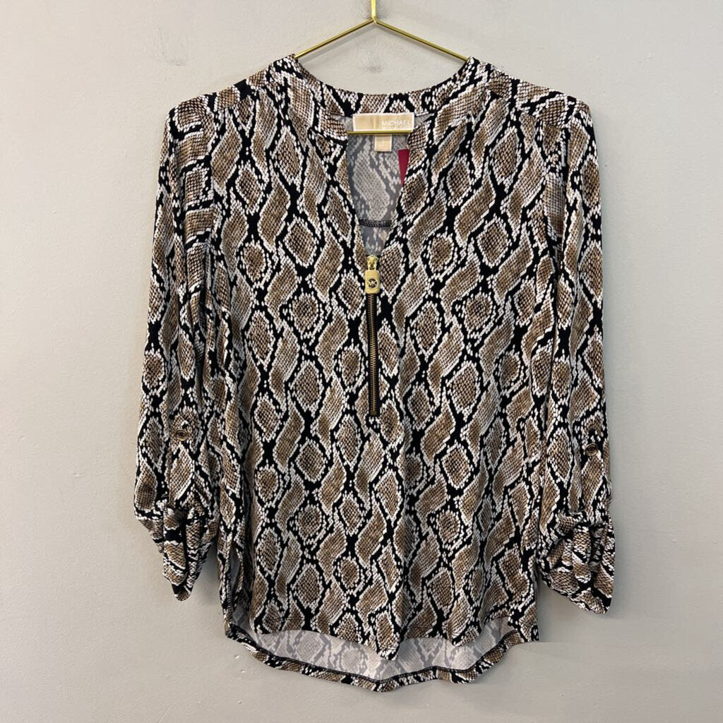 Michael Kors Black/ Brown Snakeskin Print Long Sleeve Top Small