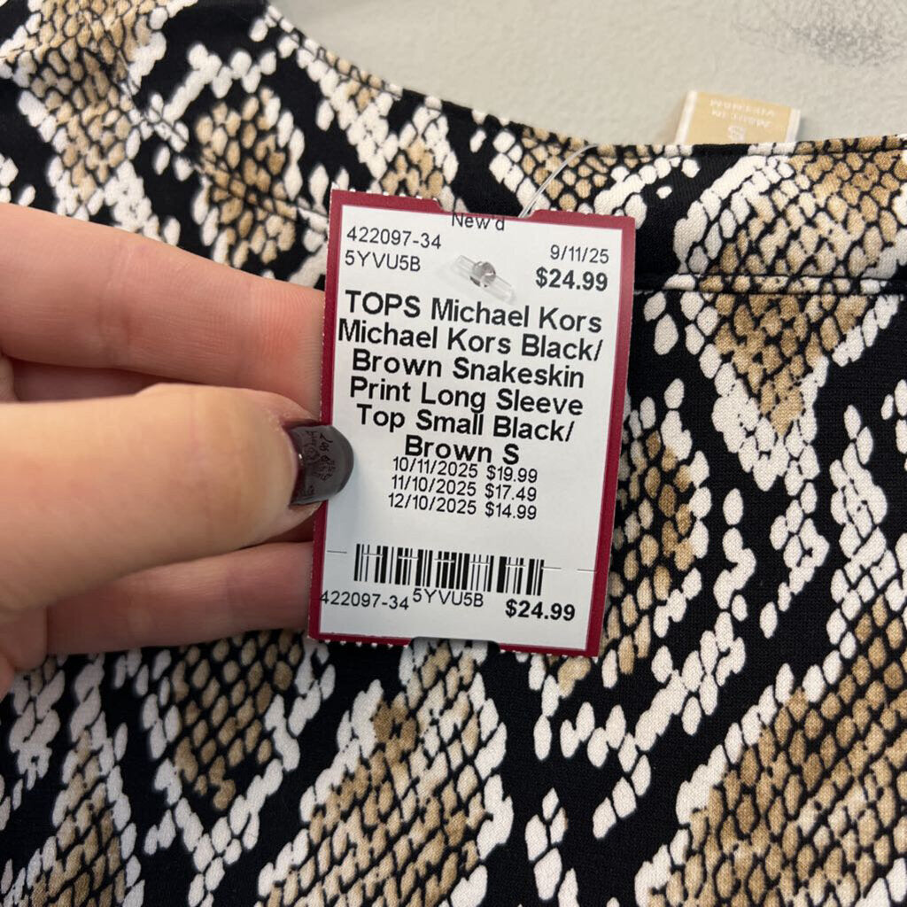 Michael Kors Black/ Brown Snakeskin Print Long Sleeve Top Small