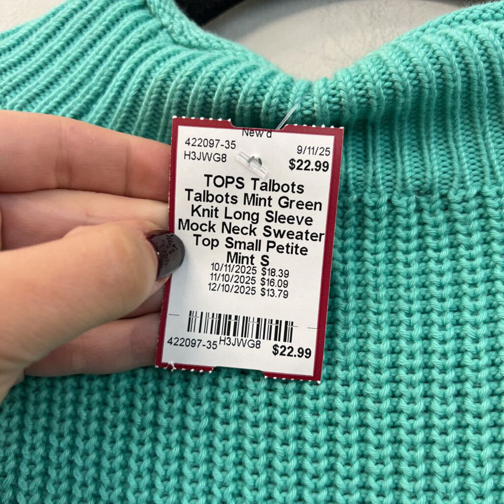 Talbots Mint Green Knit Long Sleeve Mock Neck Sweater Top Small Petite
