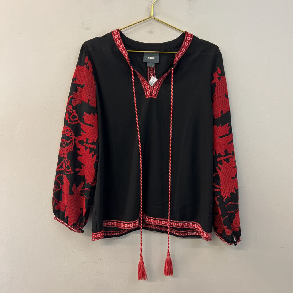Maeve Black/ Red Embroidered Long Sleeve Top Medium