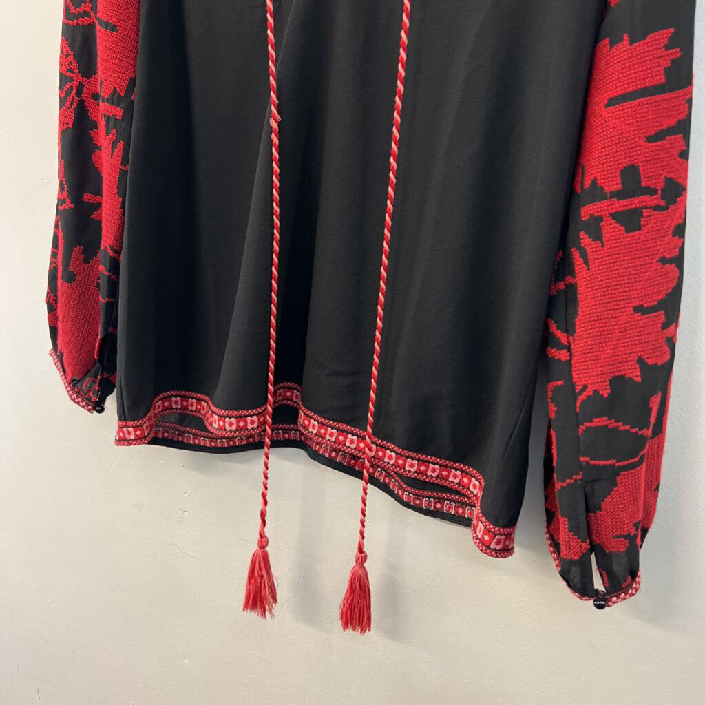 Maeve Black/ Red Embroidered Long Sleeve Top Medium