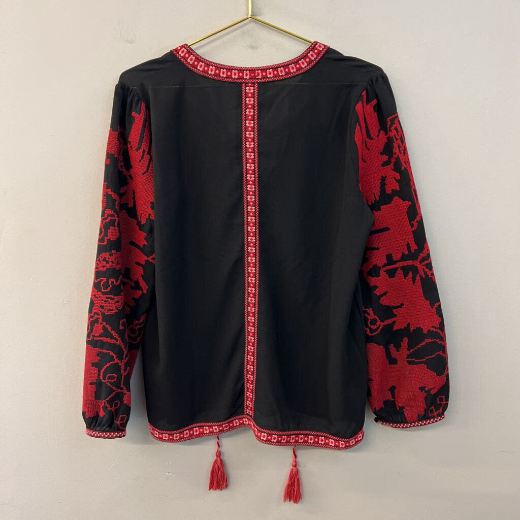 Maeve Black/ Red Embroidered Long Sleeve Top Medium