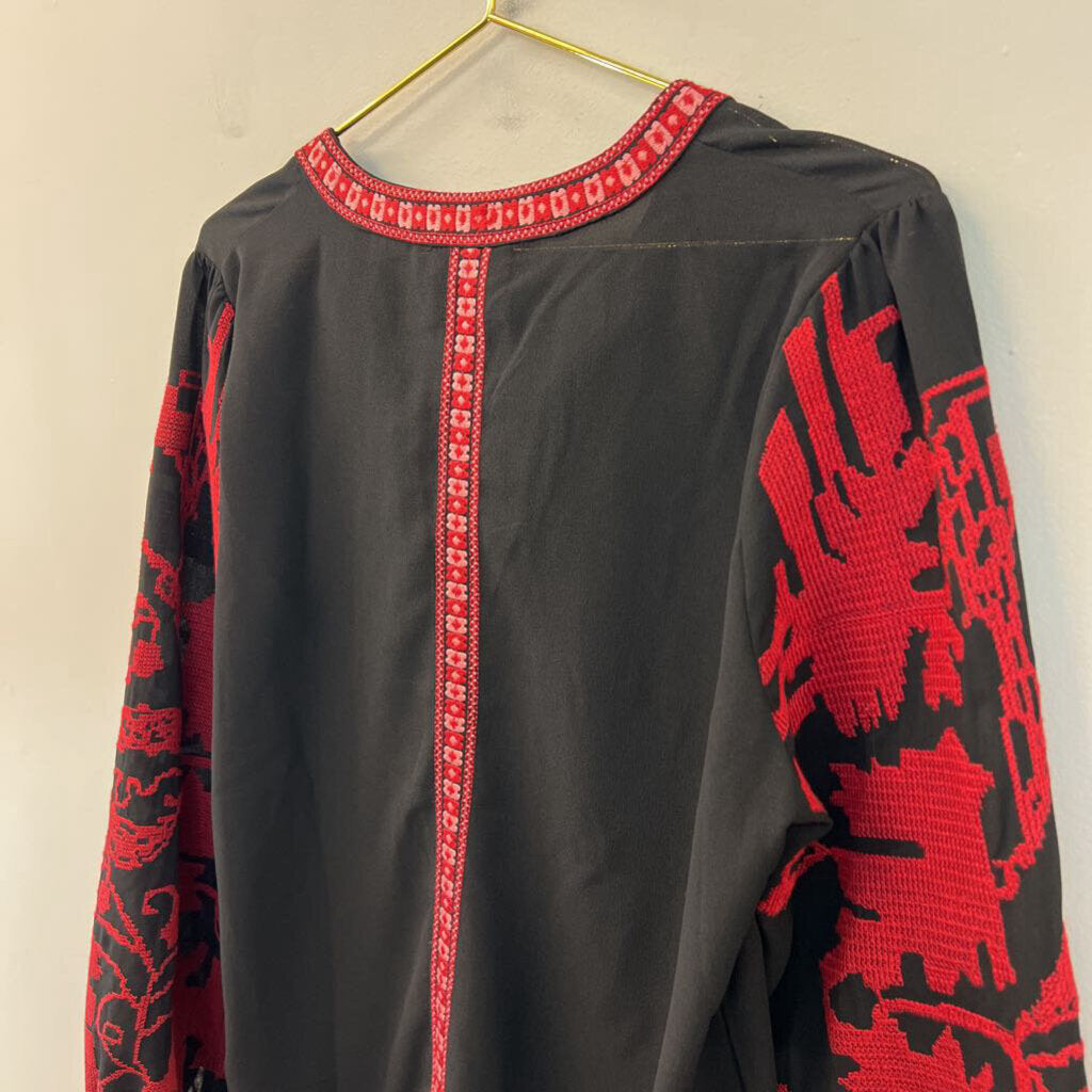 Maeve Black/ Red Embroidered Long Sleeve Top Medium