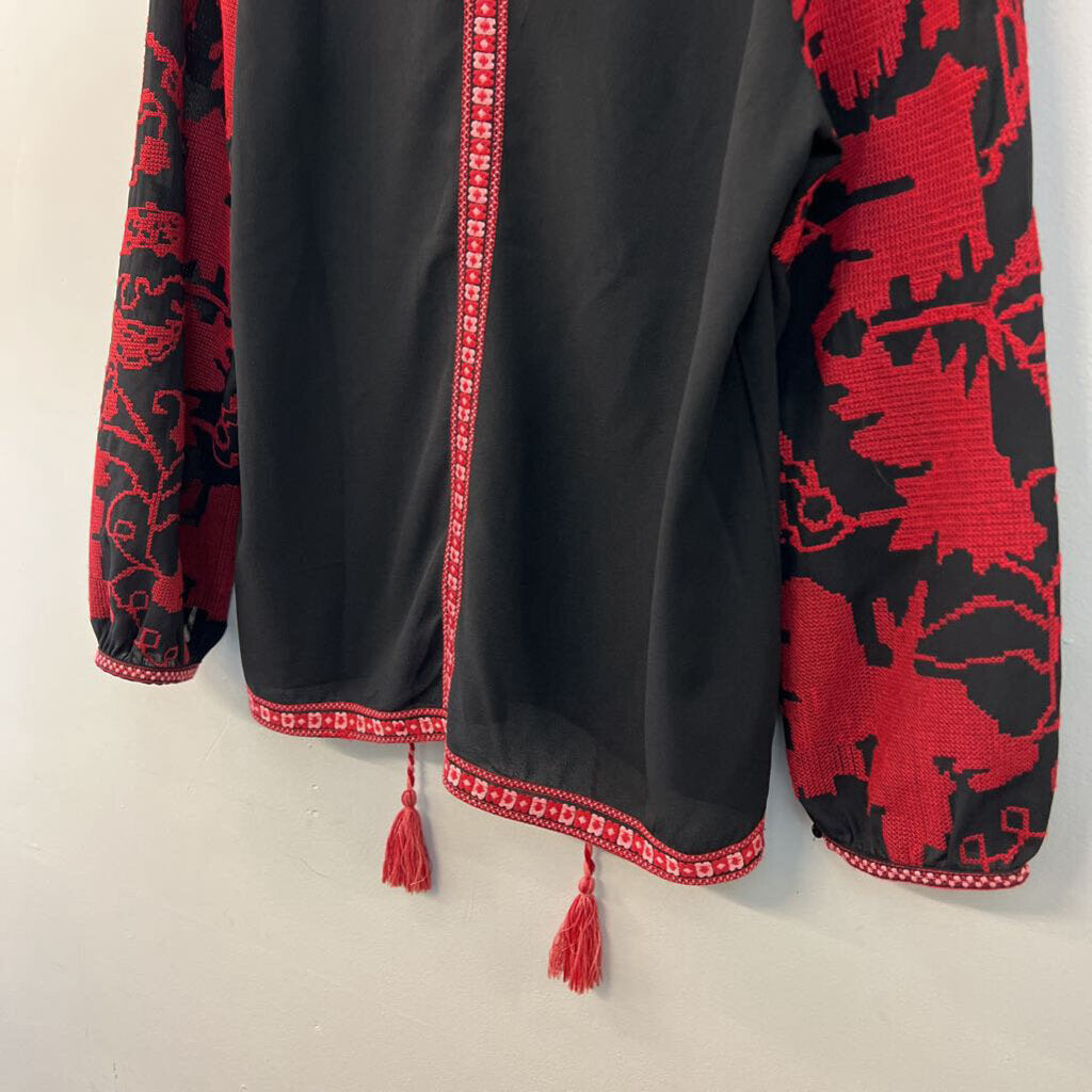 Maeve Black/ Red Embroidered Long Sleeve Top Medium