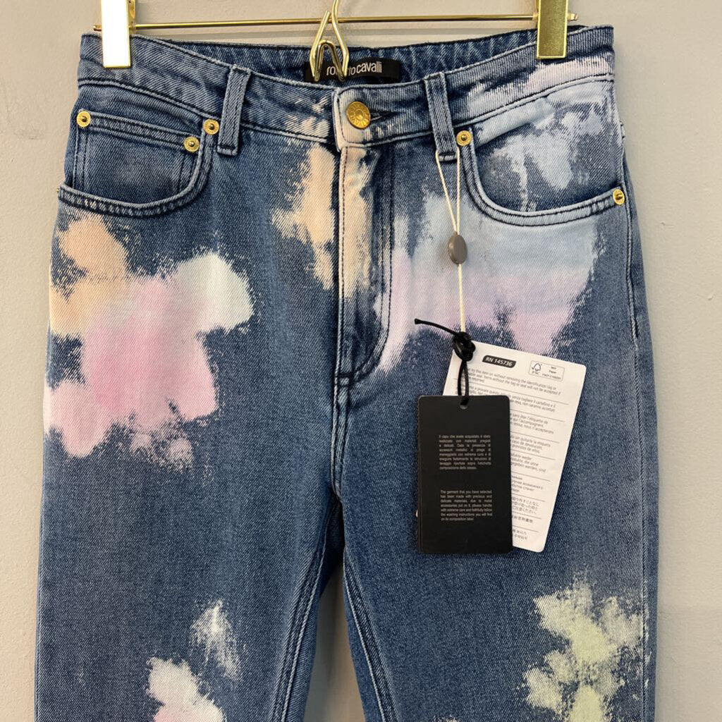 Roberto Cavalli Medium Wash Bleached Tie Dye Jeans 40