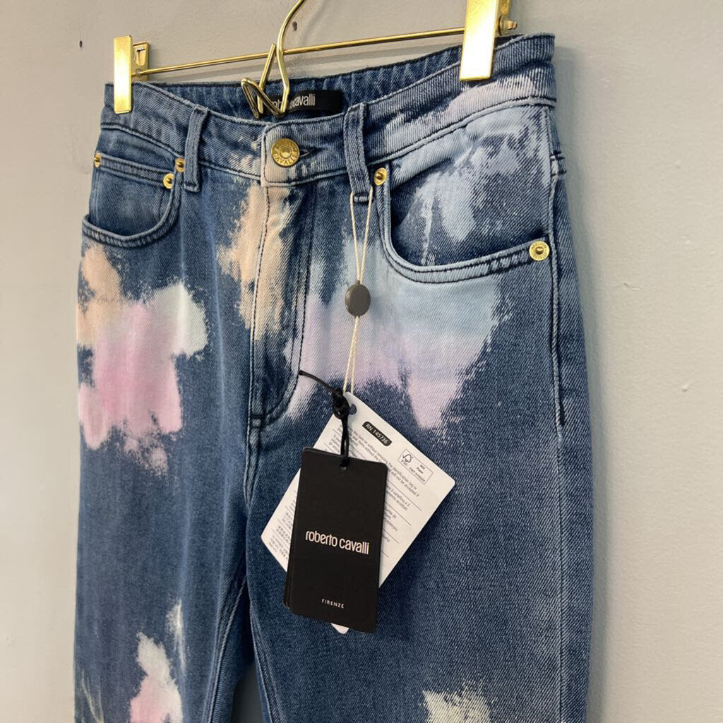 Roberto Cavalli Medium Wash Bleached Tie Dye Jeans 40