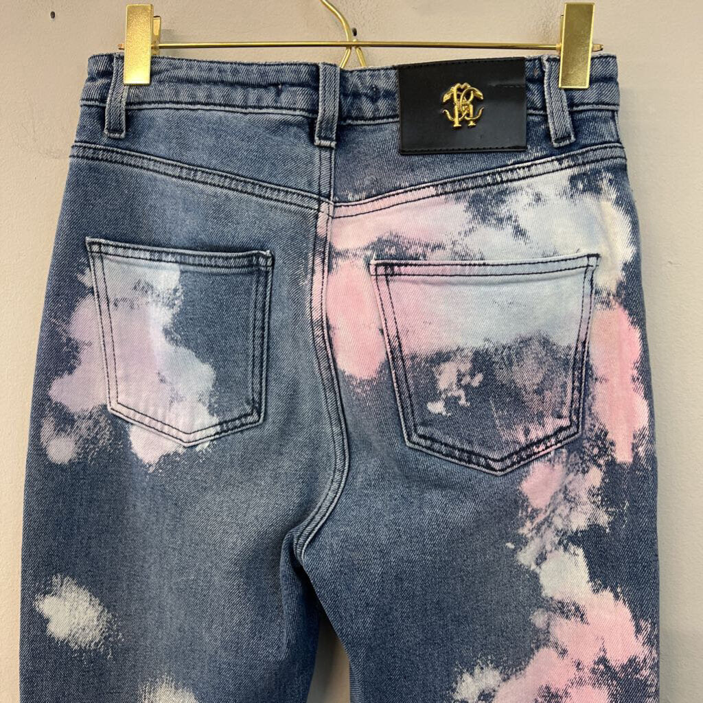 Roberto Cavalli Medium Wash Bleached Tie Dye Jeans 40