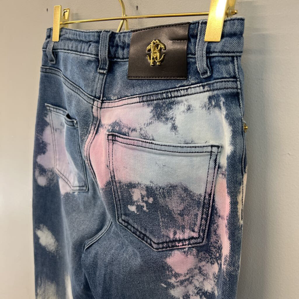 Roberto Cavalli Medium Wash Bleached Tie Dye Jeans 40