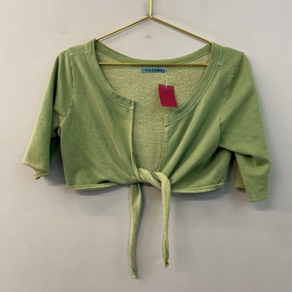 Velvet Green Cropped Open Front Short Sleeve Sweatshirt Top Large