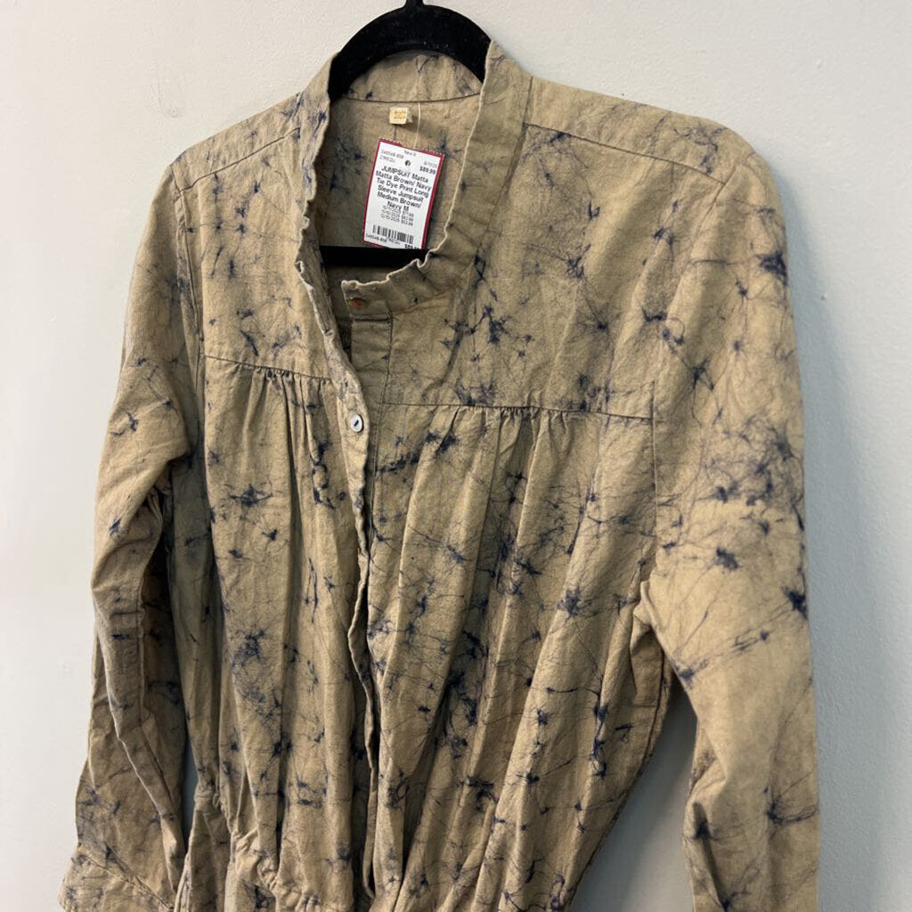 Matta Brown/ Navy Tie Dye Print Long Sleeve Jumpsuit Medium