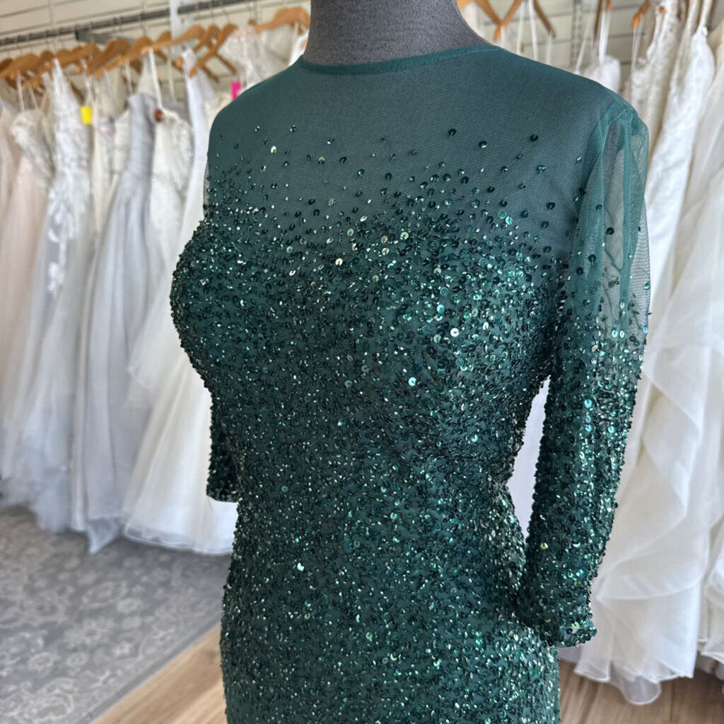 Adrianna Papell Green Sequin Long Sleeve Long Formal Dress 16