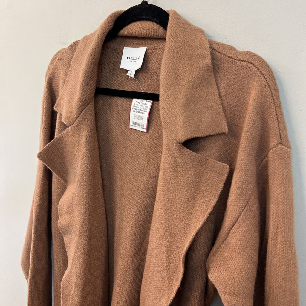 Gilli Brown Knit Long Sleeve Tie Waist Cardigan Sweater Large