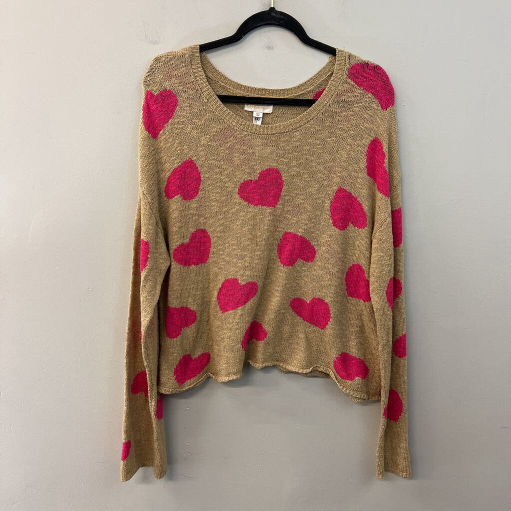 Beach Riot Brown/ Pink Knit Heart Print Sweater Top Small