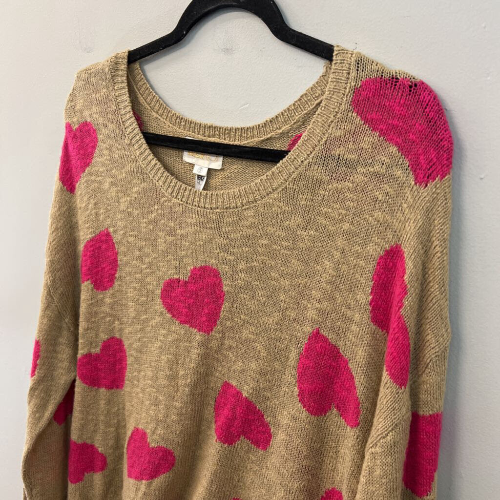 Beach Riot Brown/ Pink Knit Heart Print Sweater Top Small