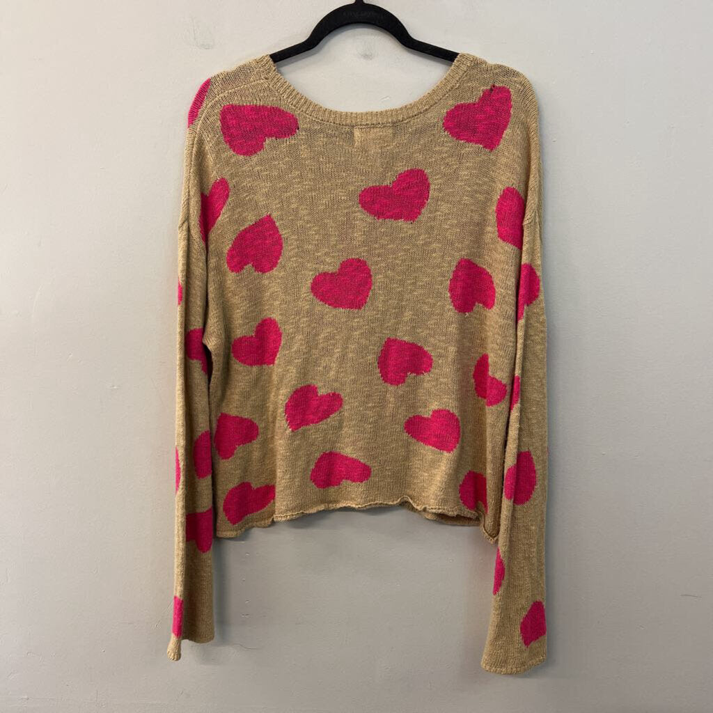 Beach Riot Brown/ Pink Knit Heart Print Sweater Top Small