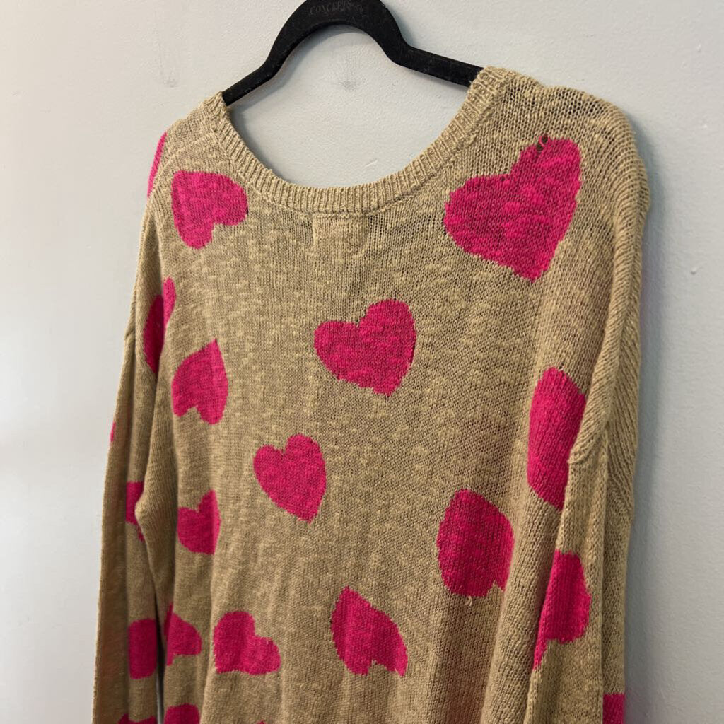 Beach Riot Brown/ Pink Knit Heart Print Sweater Top Small