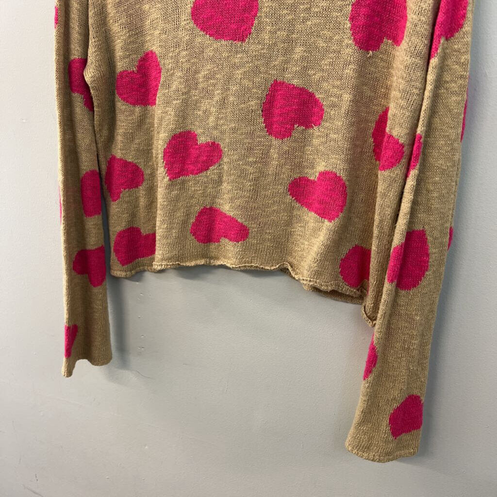 Beach Riot Brown/ Pink Knit Heart Print Sweater Top Small