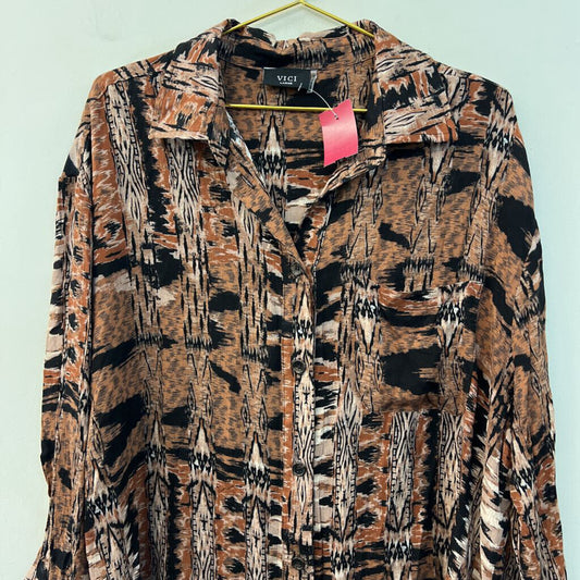 Vici Brown/ Black Print Long Sleeve Button Down Top Large