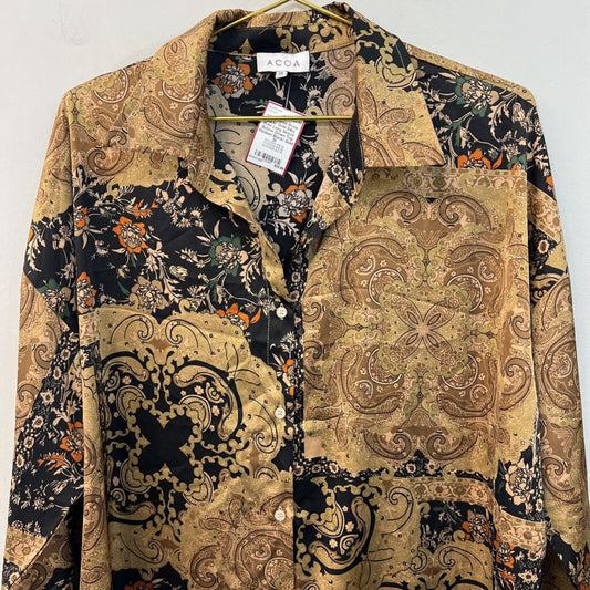 Acoa Black/ Gold Silky Print Long Sleeve Button Down Top Medium