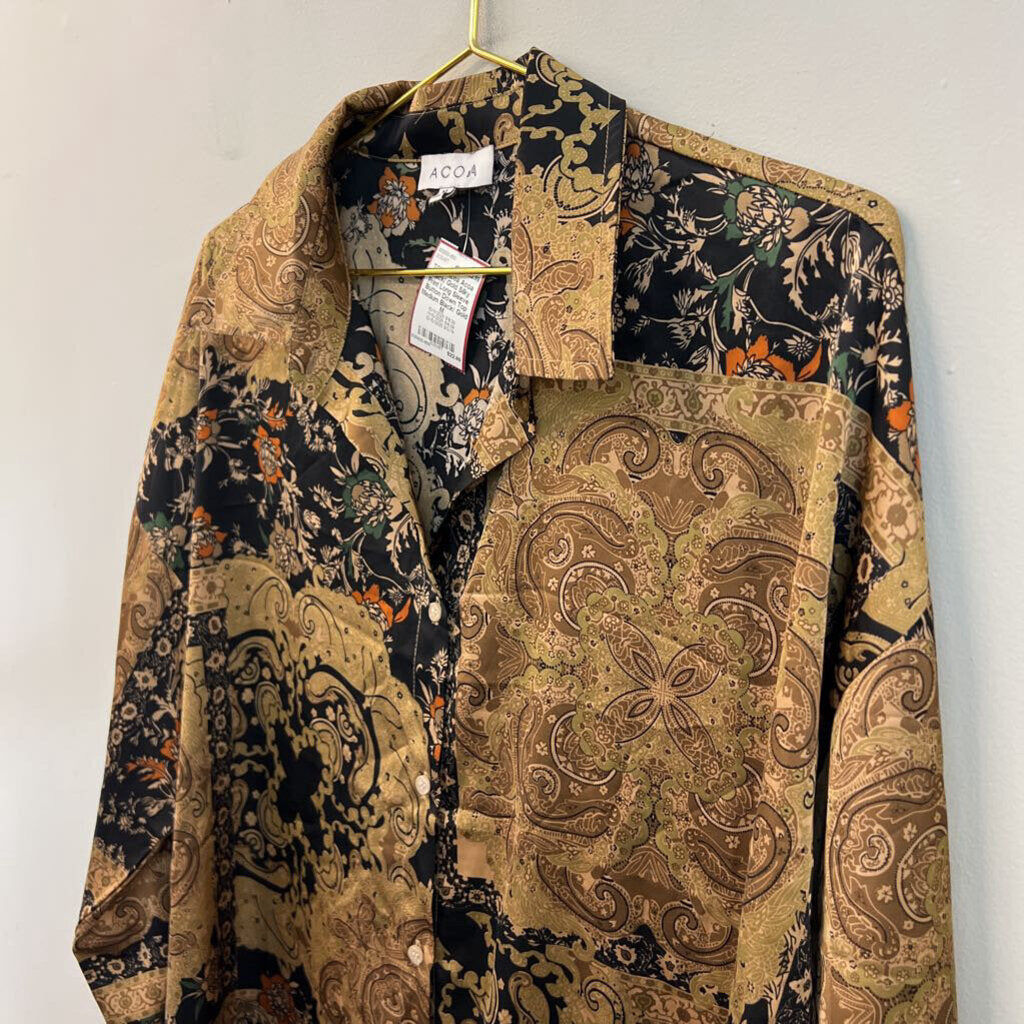 Acoa Black/ Gold Silky Print Long Sleeve Button Down Top Medium