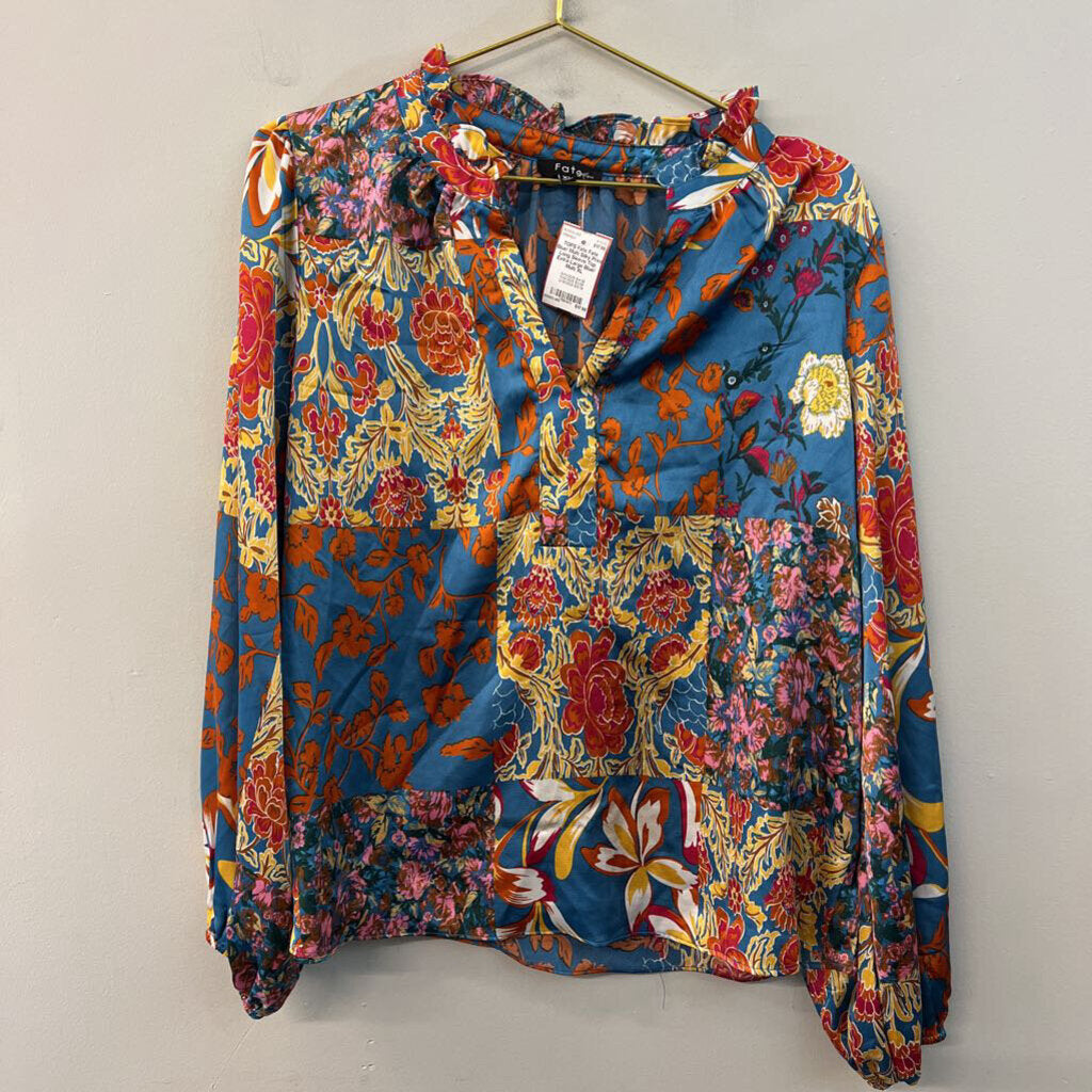 Fate Blue/ Multi Silky Print Long Sleeve Top Extra Large
