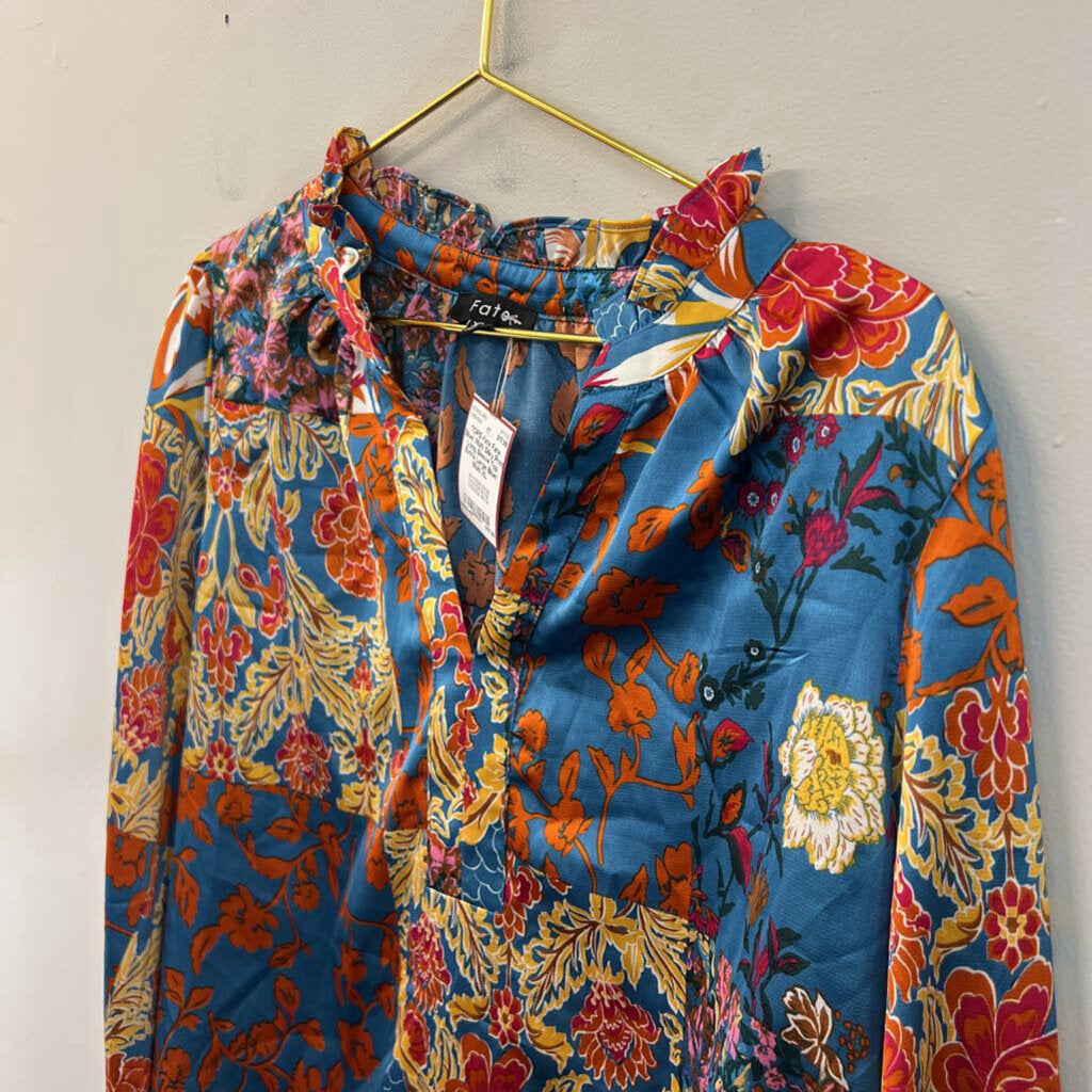 Fate Blue/ Multi Silky Print Long Sleeve Top Extra Large