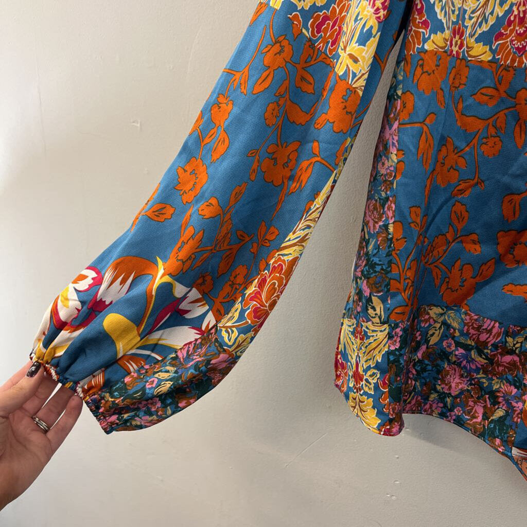 Fate Blue/ Multi Silky Print Long Sleeve Top Extra Large