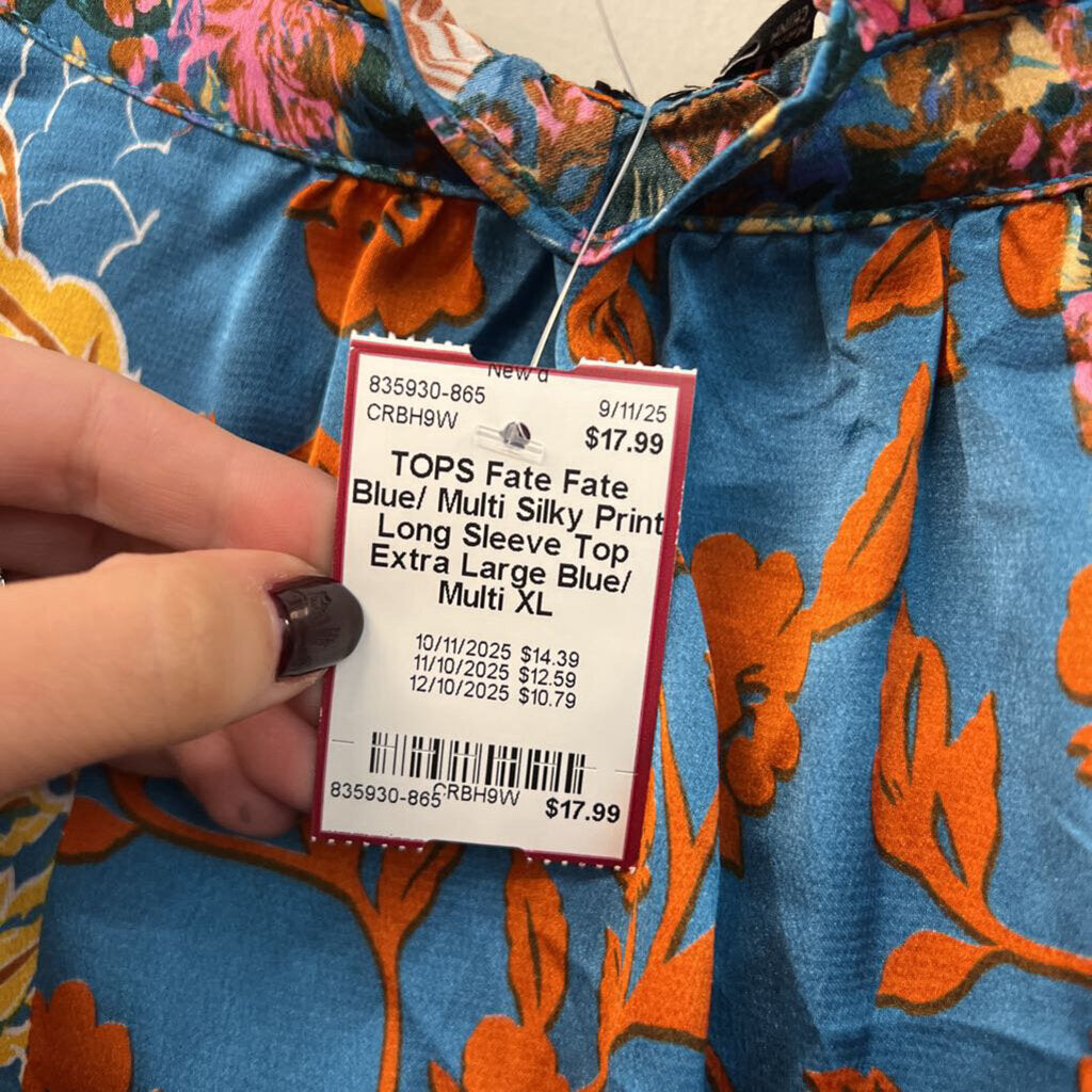 Fate Blue/ Multi Silky Print Long Sleeve Top Extra Large